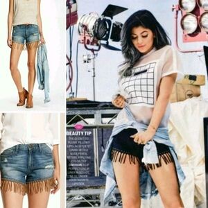 NWT! DL1961 Ivy High Rise Denim Ripped Jean Shorts w/ Boho Fringe Size 25